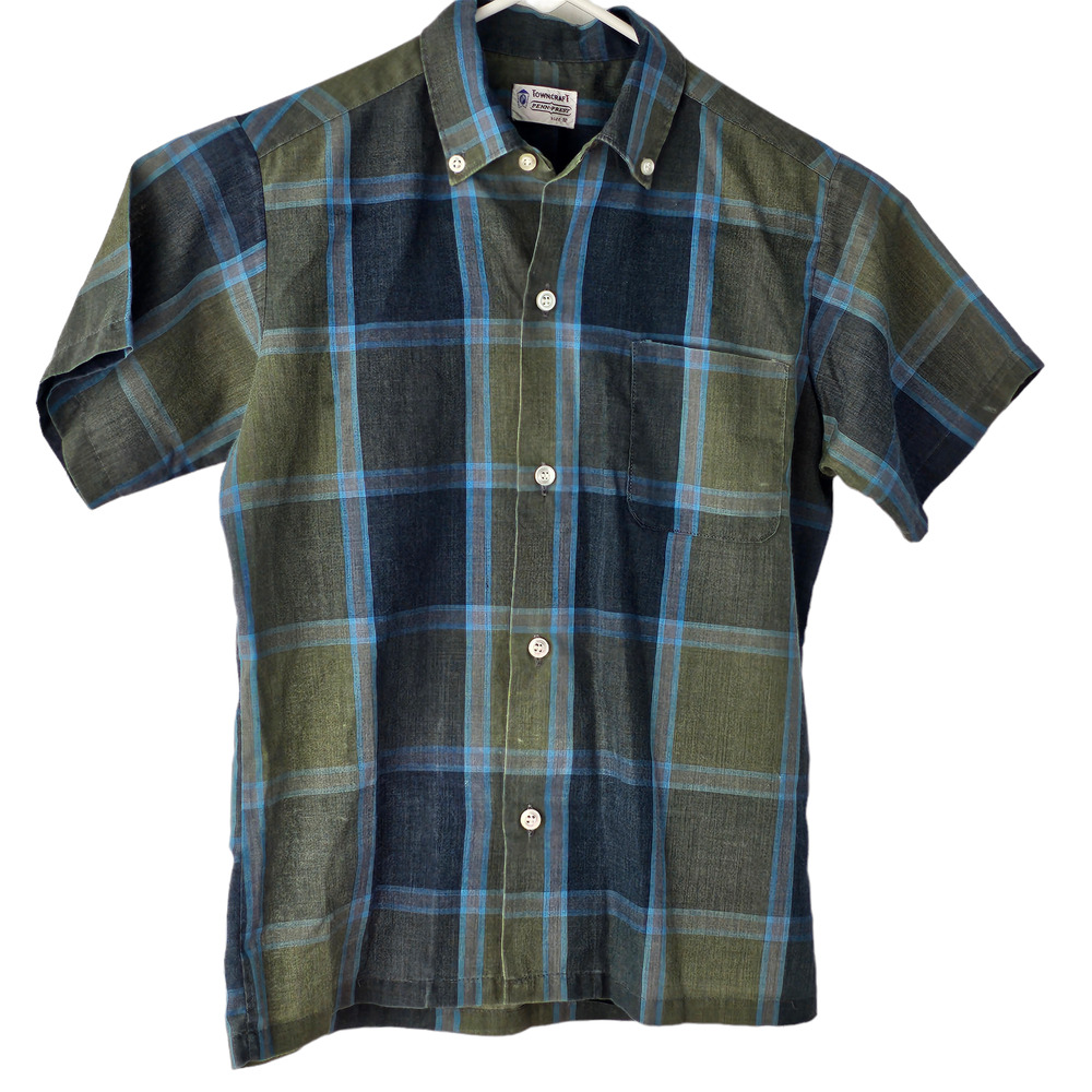 VTG 70s Towncraft blue green gray plaid short sleeve button down shirt Youth 12
